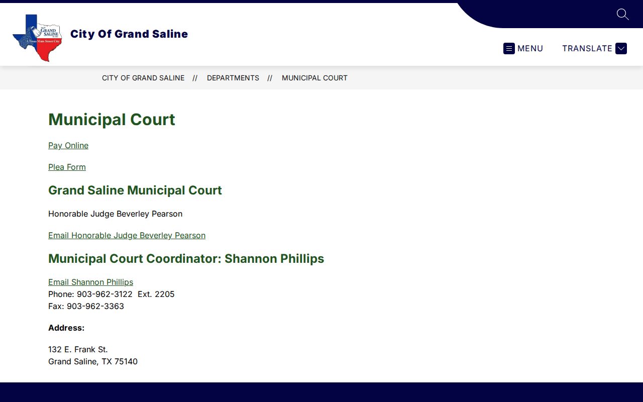 Grand Saline criminal records Municipal Court coordinator and payment route