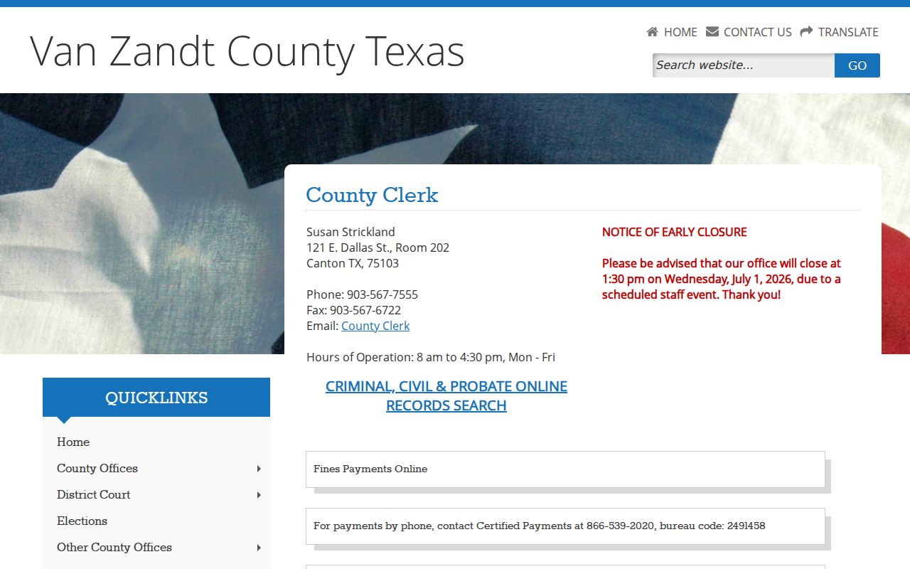 Van Zandt County court case lookup on the County Clerk page