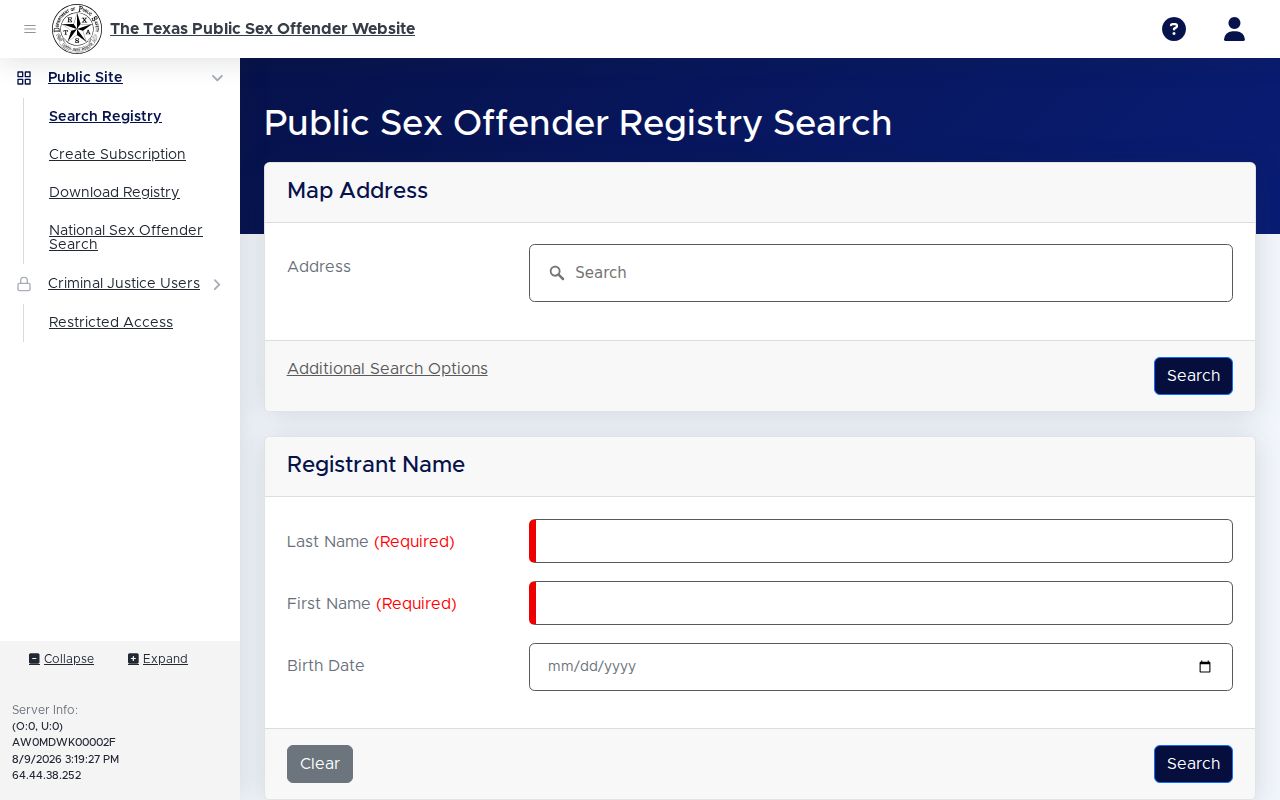 Van Zandt County sex offender registry profile interface